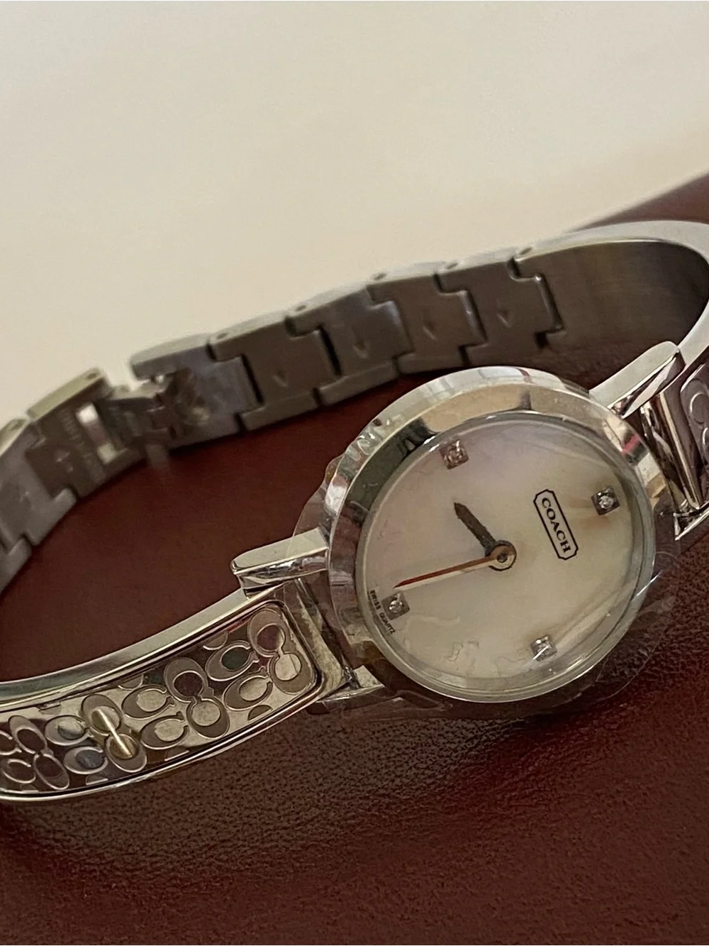 Coach Signature 0277 Silver Bangle Watch with Crystals and Mother-of-Pearl Dial
